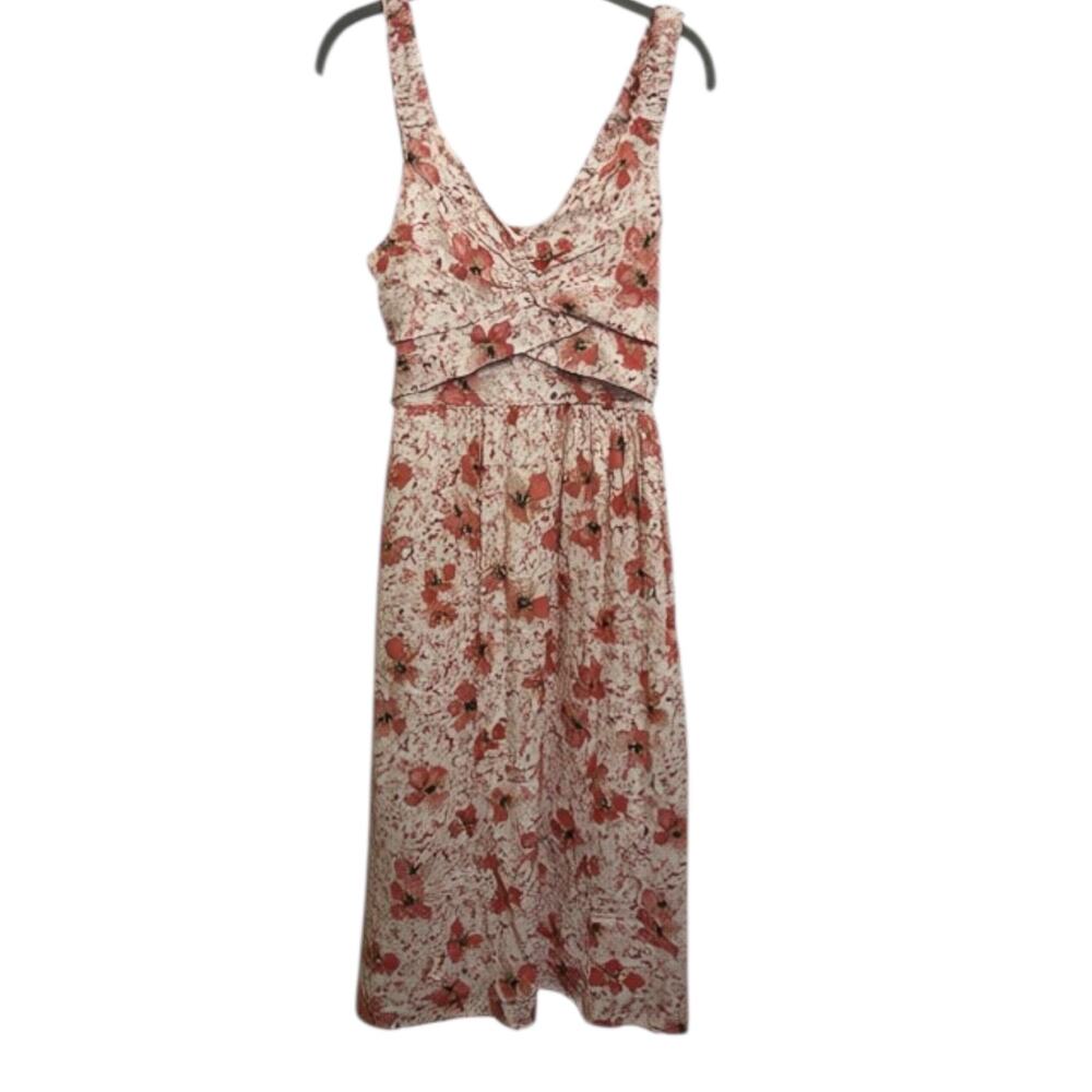 Maurices Floral Midi Dress Coral Pink Smocked Ruffle Fairy Cottagecore NEW M